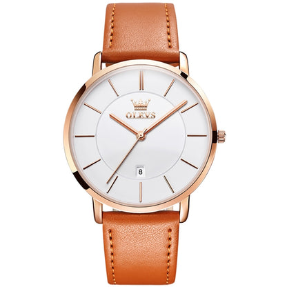 OLEVS 5869 Men Business Waterproof Genuine Leather Strap Quartz Watch(White + Brown) - Leather Strap Watches by OLEVS | Online Shopping South Africa | PMC Jewellery