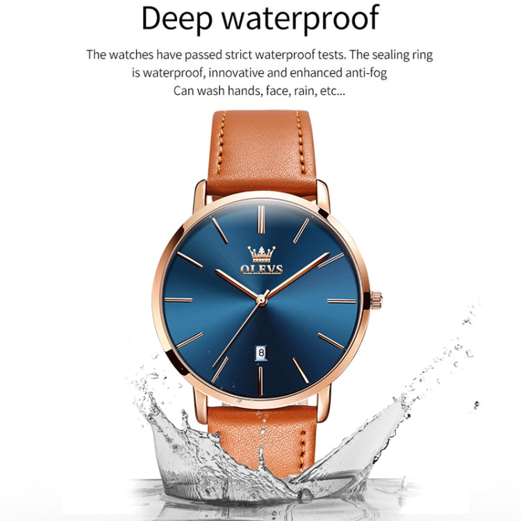 OLEVS 5869 Men Business Waterproof Genuine Leather Strap Quartz Watch(Blue + Brown) - Leather Strap Watches by OLEVS | Online Shopping South Africa | PMC Jewellery