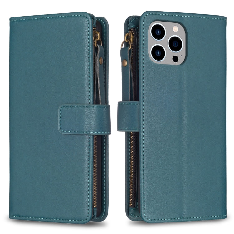 For iPhone 15 Pro Max 9 Card Slots Zipper Wallet Leather Flip Phone Case(Green) - iPhone 15 Pro Max Cases by PMC Jewellery | Online Shopping South Africa | PMC Jewellery