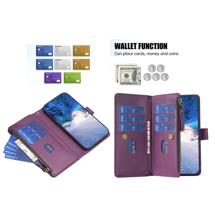 For iPhone 15 Plus 9 Card Slots Zipper Wallet Leather Flip Phone Case(Dark Purple) - iPhone 15 Plus Cases by PMC Jewellery | Online Shopping South Africa | PMC Jewellery