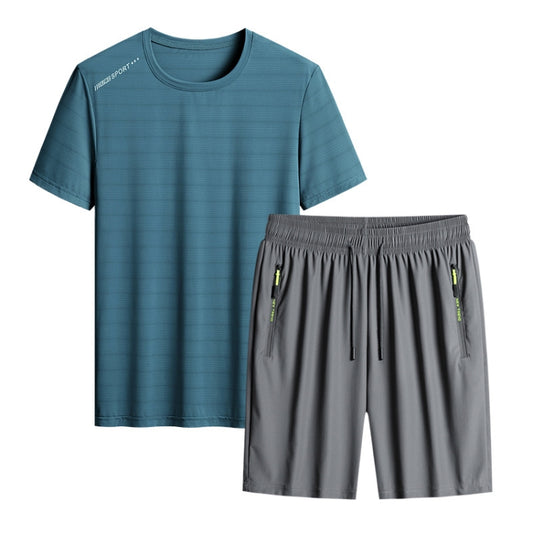 Summer Men T-shirt Short Pants Sports Suit Casual Fitness Two-piece Set, Size:XXXXXXL(Dark Green Top+Grey Shorts) - Athletic Wear by PMC Jewellery | Online Shopping South Africa | PMC Jewellery