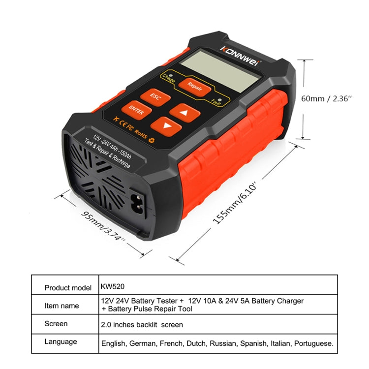 KONNWEI KW520 12V / 24V 3 in 1 Car Battery Tester with Detection & Repair & Charging Function(EU Plug) - Code Readers & Scan Tools by KONNWEI | Online Shopping South Africa | PMC Jewellery