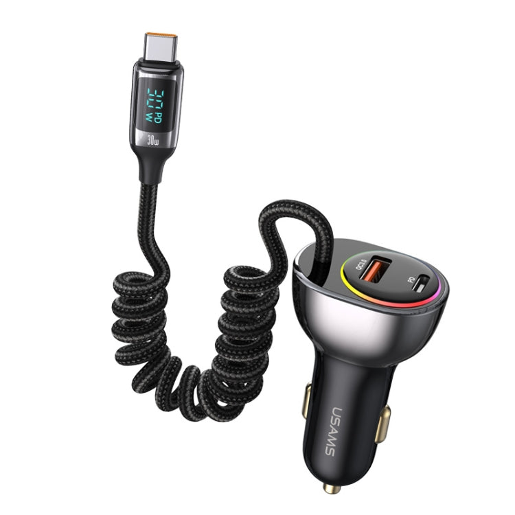 USAMS US-CC192 C37 60W Type-C+USB Dual Port Car Charger with Digital Display 30W Type-C Spring Data Cable(Tarnish) - Car Charger by USAMS | Online Shopping South Africa | PMC Jewellery | Buy Now Pay Later Mobicred