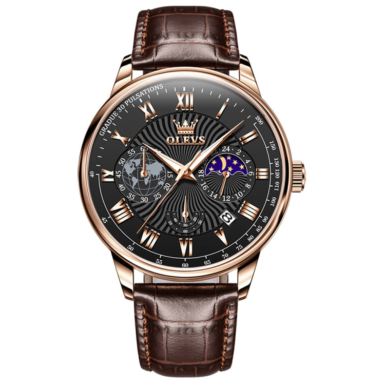 OLEVS 2893 Men Multifunctional Business Quartz Watch(Brown + Black) - Leather Strap Watches by OLEVS | Online Shopping South Africa | PMC Jewellery | Buy Now Pay Later Mobicred