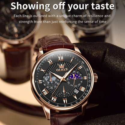 OLEVS 2893 Men Multifunctional Business Quartz Watch(Brown + Black) - Leather Strap Watches by OLEVS | Online Shopping South Africa | PMC Jewellery | Buy Now Pay Later Mobicred