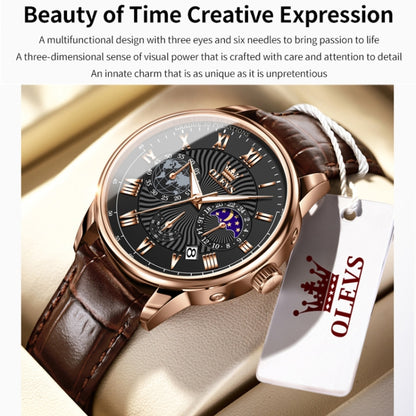 OLEVS 2893 Men Multifunctional Business Quartz Watch(Brown + Black) - Leather Strap Watches by OLEVS | Online Shopping South Africa | PMC Jewellery | Buy Now Pay Later Mobicred