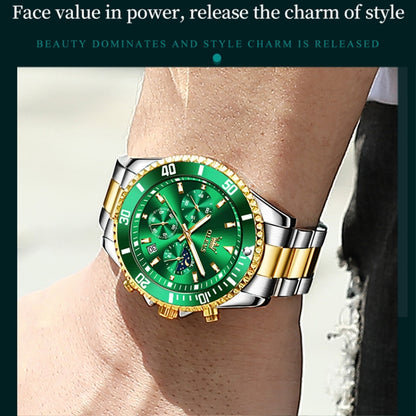 OLEVS 2870 Men Multifunctional Chronograph Three Eyes Waterproof Quartz Watch(Green + Gold) - Metal Strap Watches by OLEVS | Online Shopping South Africa | PMC Jewellery