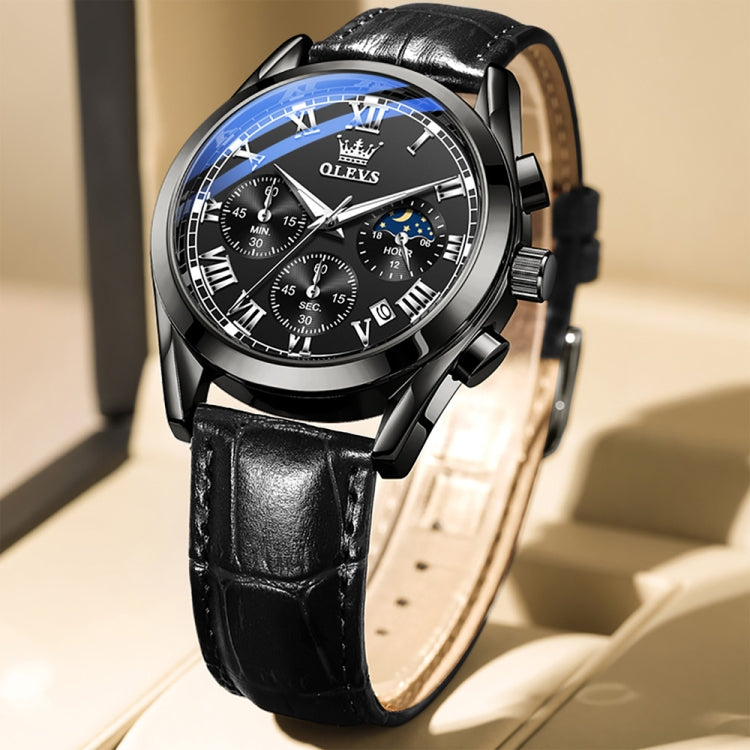 OLEVS 2871 Men Multifunctional Sports Chronograph Luminous Quartz Watch(Black) - Leather Strap Watches by OLEVS | Online Shopping South Africa | PMC Jewellery