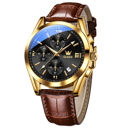 OLEVS 2872 Men Three Eyes Six Needles Chronograph Waterproof Quartz Watch(Black + Gold) - Leather Strap Watches by OLEVS | Online Shopping South Africa | PMC Jewellery | Buy Now Pay Later Mobicred