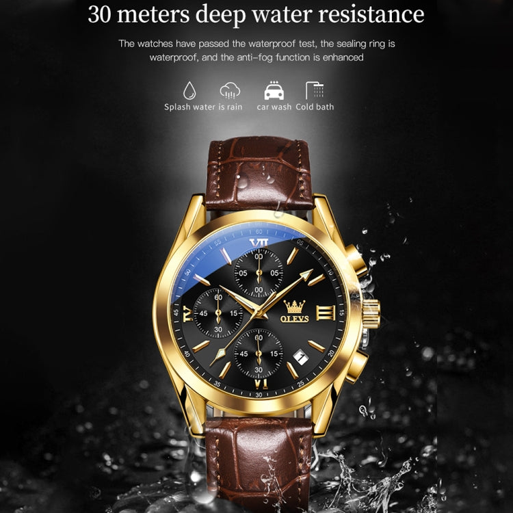 OLEVS 2872 Men Three Eyes Six Needles Chronograph Waterproof Quartz Watch(Black + Gold) - Leather Strap Watches by OLEVS | Online Shopping South Africa | PMC Jewellery | Buy Now Pay Later Mobicred