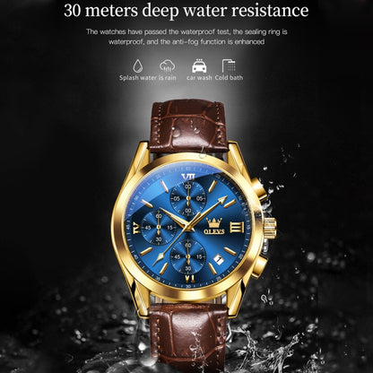 OLEVS 2872 Men Three Eyes Six Needles Chronograph Waterproof Quartz Watch(Blue + Gold) - Leather Strap Watches by OLEVS | Online Shopping South Africa | PMC Jewellery