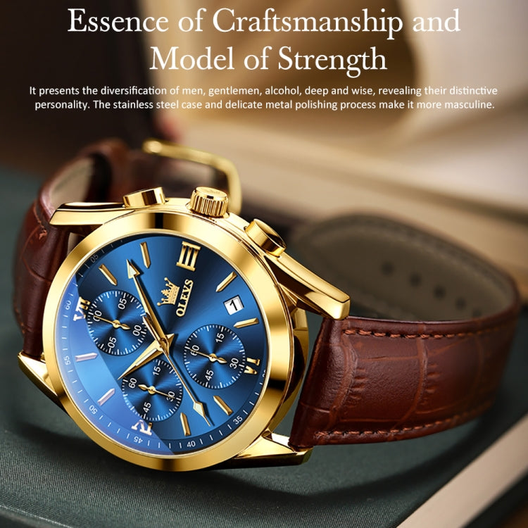 OLEVS 2872 Men Three Eyes Six Needles Chronograph Waterproof Quartz Watch(Blue + Gold) - Leather Strap Watches by OLEVS | Online Shopping South Africa | PMC Jewellery