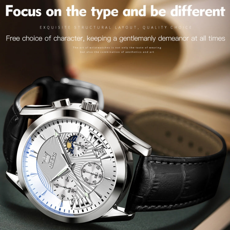 OLEVS 2876 Men Multifunctional Sports Chronograph Quartz Watch(White) - Leather Strap Watches by OLEVS | Online Shopping South Africa | PMC Jewellery