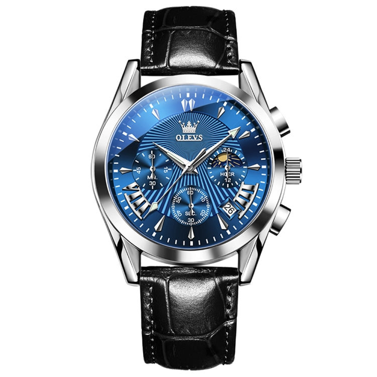 OLEVS 2876 Men Multifunctional Sports Chronograph Quartz Watch(Blue) - Leather Strap Watches by OLEVS | Online Shopping South Africa | PMC Jewellery | Buy Now Pay Later Mobicred