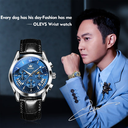 OLEVS 2876 Men Multifunctional Sports Chronograph Quartz Watch(Blue) - Leather Strap Watches by OLEVS | Online Shopping South Africa | PMC Jewellery | Buy Now Pay Later Mobicred