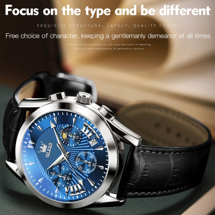 OLEVS 2876 Men Multifunctional Sports Chronograph Quartz Watch(Blue) - Leather Strap Watches by OLEVS | Online Shopping South Africa | PMC Jewellery | Buy Now Pay Later Mobicred