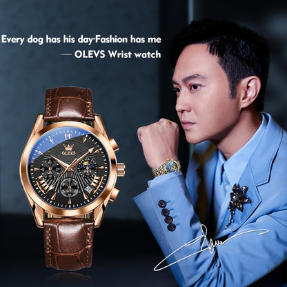 OLEVS 2876 Men Multifunctional Sports Chronograph Quartz Watch(Black + Rose Gold) - Leather Strap Watches by OLEVS | Online Shopping South Africa | PMC Jewellery