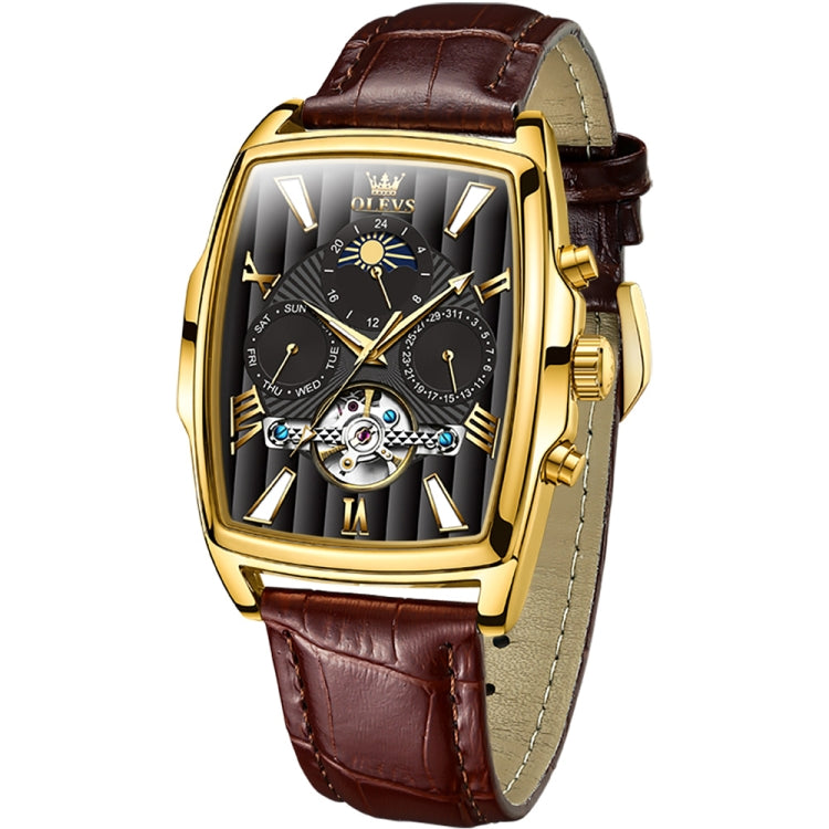 OLEVS 6675 Men Multifunctional Moon Phase Tourbillon Mechanical Watch(Black + Gold) - Leather Strap Watches by OLEVS | Online Shopping South Africa | PMC Jewellery