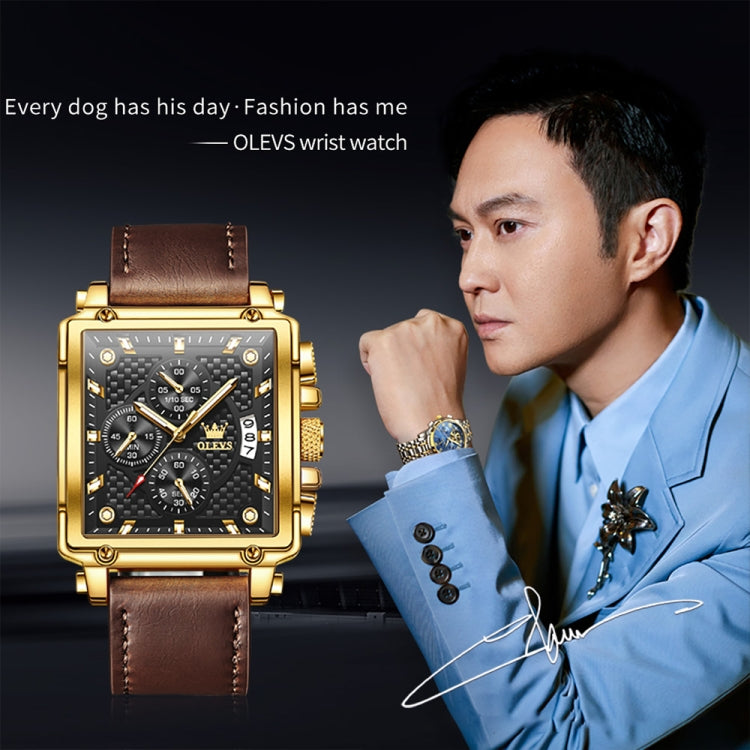 OLEVS 9925 Men Square Dial Multifunctional Waterproof Quartz Watch(Black + Gold) - Leather Strap Watches by OLEVS | Online Shopping South Africa | PMC Jewellery