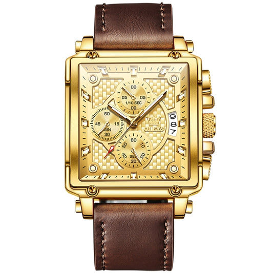 OLEVS 9925 Men Square Dial Multifunctional Waterproof Quartz Watch(Gold) - Leather Strap Watches by OLEVS | Online Shopping South Africa | PMC Jewellery