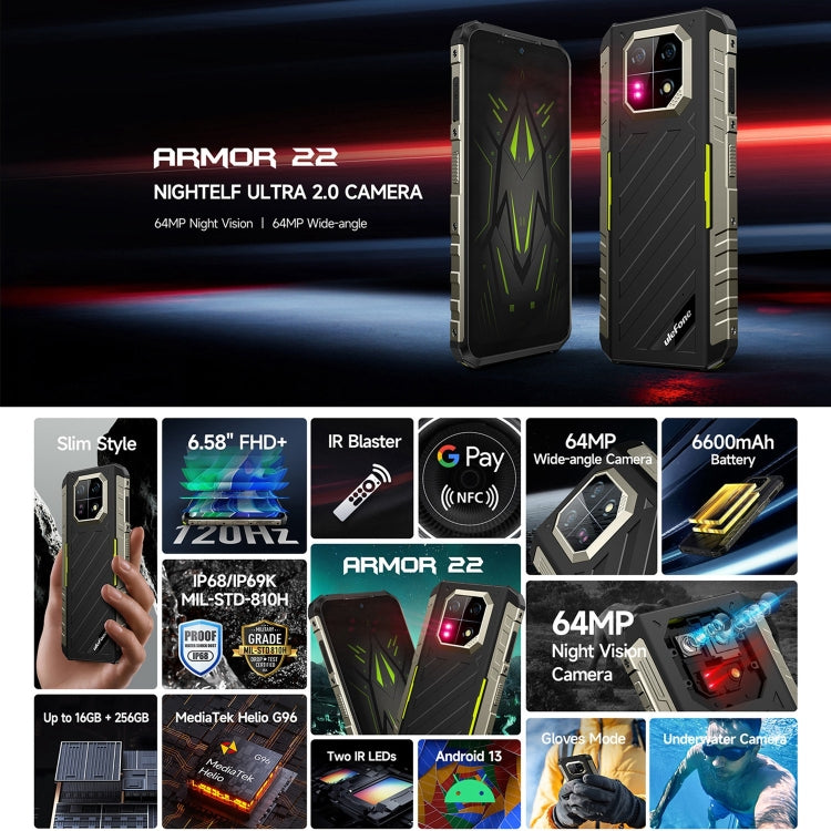 [HK Warehouse] Ulefone Armor 22, 8GB+256GB, IP68/IP69K Rugged Phone, 6.58 inch Android 13 MediaTek Helio G96 Octa Core, Network: 4G, NFC, OTG(All Black) - Ulefone by Ulefone | Online Shopping South Africa | PMC Jewellery