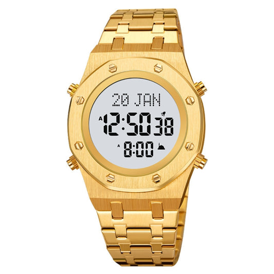 SKMEI 2043 Multifunctional Muslim Worships Compass Digital Wrist Watch(Gold+White) - Metal Strap Watches by SKMEI | Online Shopping South Africa | PMC Jewellery | Buy Now Pay Later Mobicred