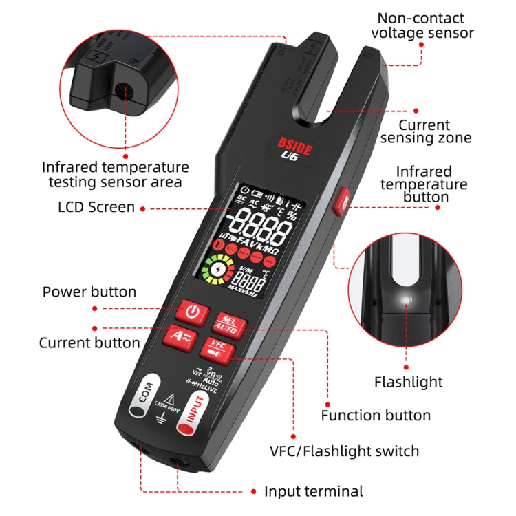 BSIDE U6 AC/DC Clamp-on Infrared Temperature Measurement Multimeter - Digital Multimeter by BSIDE | Online Shopping South Africa | PMC Jewellery | Buy Now Pay Later Mobicred