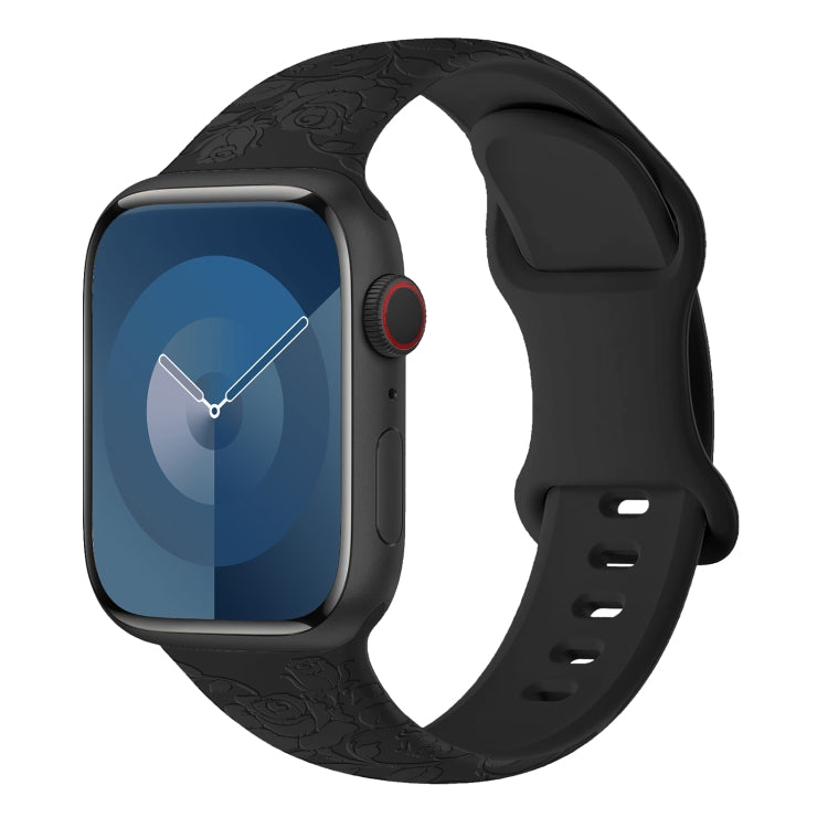 For Apple Watch Series 9 45mm Rose Embossed Silicone Watch Band(Black) - Watch Bands by PMC TechLife | Online Shopping South Africa | PMC TechLife