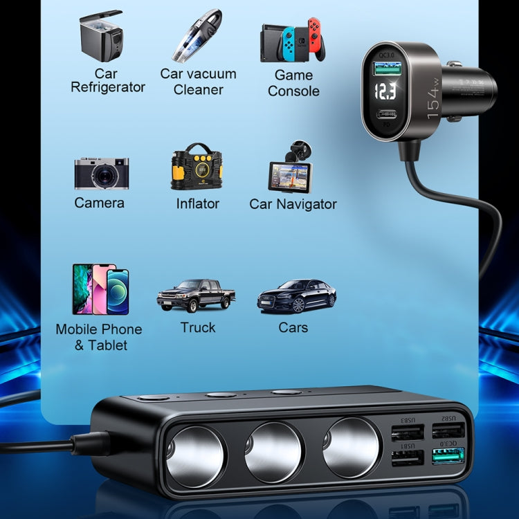 JOYROOM JR-CL06 9 in 1 154W PD USB-C / Type-C + Dual QC3.0 USB + 3 USB + 3 Cigarette Lighter Holes Digital Display Car Charger (Black) - Car Charger by JOYROOM | Online Shopping South Africa | PMC Jewellery