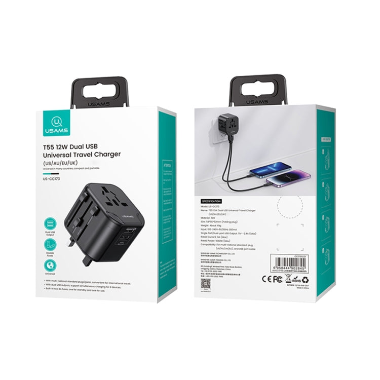 USAMS US-CC173 T55 12W Universal Multi Plug Travel Charger(Black) - International Plug Adaptor by USAMS | Online Shopping South Africa | PMC Jewellery