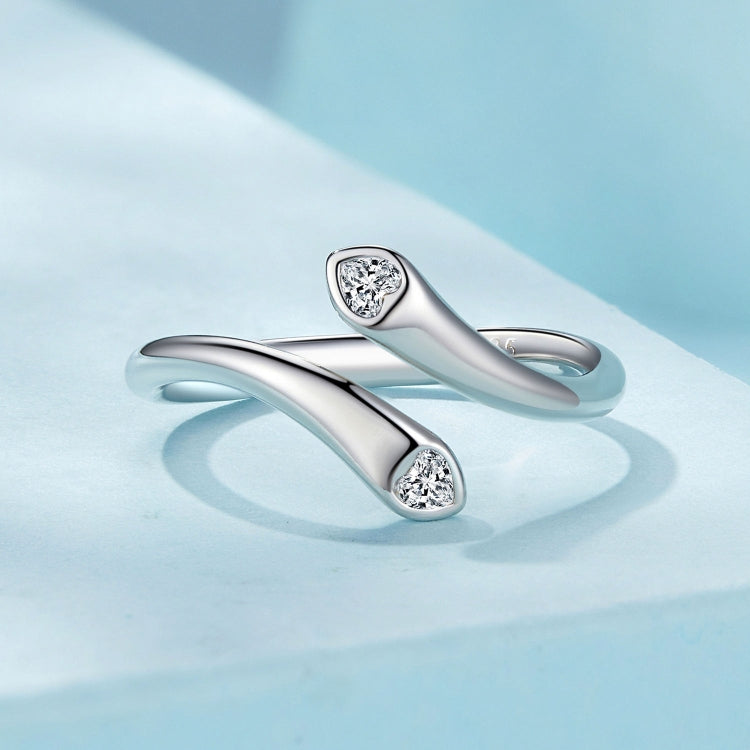 SCR946-E Sterling Silver S925 White Gold Plated Zircon Double Heart Opening Adjustable Ring - Rings by PMC Jewellery | Online Shopping South Africa | PMC Jewellery