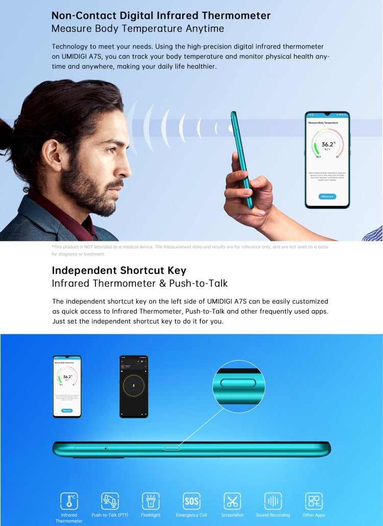 UMIDIGI A7S, 2GB+32GB, Infrared Thermometer, Triple Back Cameras, 4150mAh Battery, Face Identification, 6.53 inch Android 10 MTK6737 Quad Core up to 1.25GHz, Network: 4G, OTG(Grey) - UMIDIGI by UMIDIGI | Online Shopping South Africa | PMC Jewellery | Buy Now Pay Later Mobicred