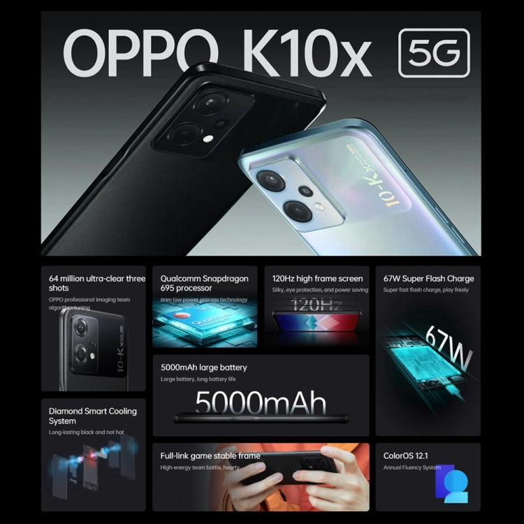 OPPO K10x 5G, 8GB+128GB, 64MP Camera, Chinese Version, Triple Rear Cameras, Side Fingerprint Identification, 6.59 inch ColorOS 12.1 Qualcomm Snapdragon 695 Octa Core up to 2.2GHz, Network: 5G, Support Google Play(Aurora) - OPPO by OPPO | Online Shopping South Africa | PMC Jewellery