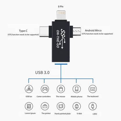 3 in 1 USB 3.0 to 8 Pin + Micro USB + USB-C / Type-C Interface Multifunctional OTG Adapter - OTG Adapter by PMC Jewellery | Online Shopping South Africa | PMC Jewellery