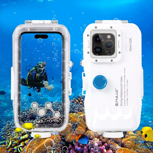 PULUZ 40m/130ft Waterproof Diving Case for iPhone 15 Pro Max / 15 Plus / 14 Plus / 14 Pro Max / 13 Pro Max / 12 Pro Max / 11 Pro Max, with One-way Valve Photo Video Taking Underwater Housing Cover(White) - iPhone 15 Pro Max Cases by PULUZ | Online Shopping South Africa | PMC Jewellery | Buy Now Pay Later Mobicred