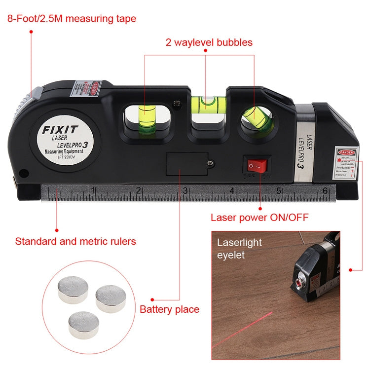 Laser Level with Tape Measure Pro 3 (250cm), LV-03(Black) - Laser Rangefinder by PMC TechLife | Online Shopping South Africa | PMC TechLife