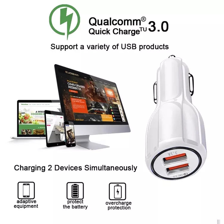 LZ-681 QC3.0 Dual USB Car Charging + Type-C Fast Charging Cable Car Charging Kit(White) - Car Charger by PMC Jewellery | Online Shopping South Africa | PMC Jewellery