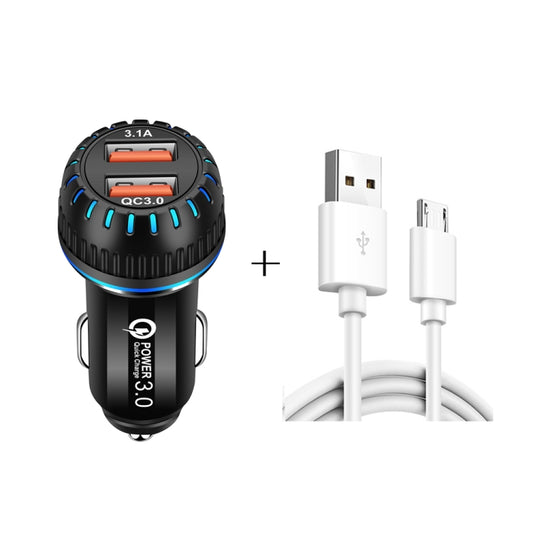 YSY-349 QC3.0 Dual USB Port Car Charger + 1m 3A USB to Micro USB Data Cable(Black) - Car Charger by PMC Jewellery | Online Shopping South Africa | PMC Jewellery