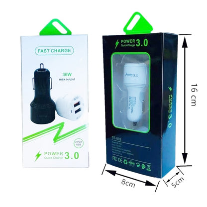 TE-092 36W Dual QC3.0 USB Fast Car Charger + USB to Micro USB Data Cable Set(White) - Car Charger by PMC Jewellery | Online Shopping South Africa | PMC Jewellery