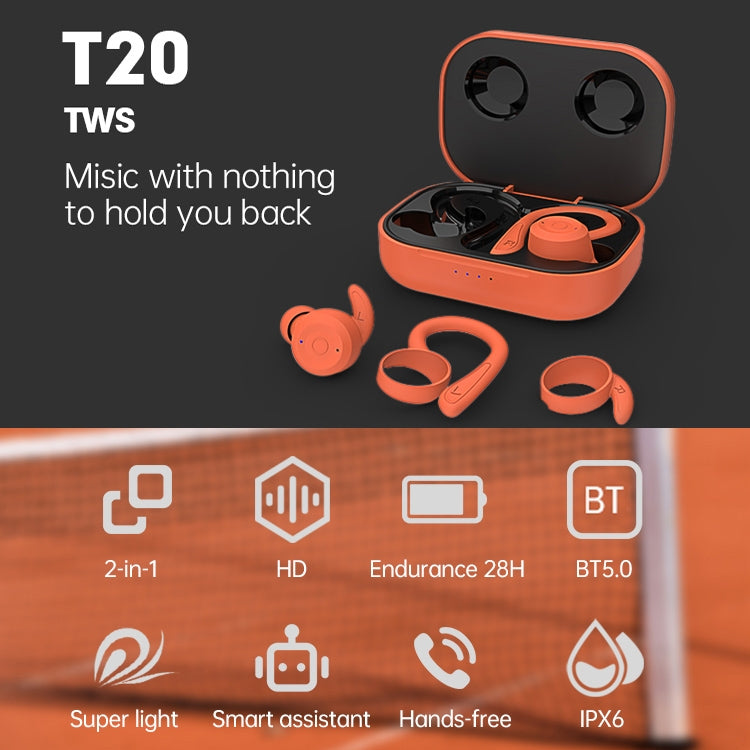 T20 TWS Bluetooth Hooks Wireless Sports Headphones with Charging Box IPX6 Waterproof Noise-cancelling Earphones(Orange) - Bluetooth Earphone by PMC Jewellery | Online Shopping South Africa | PMC Jewellery