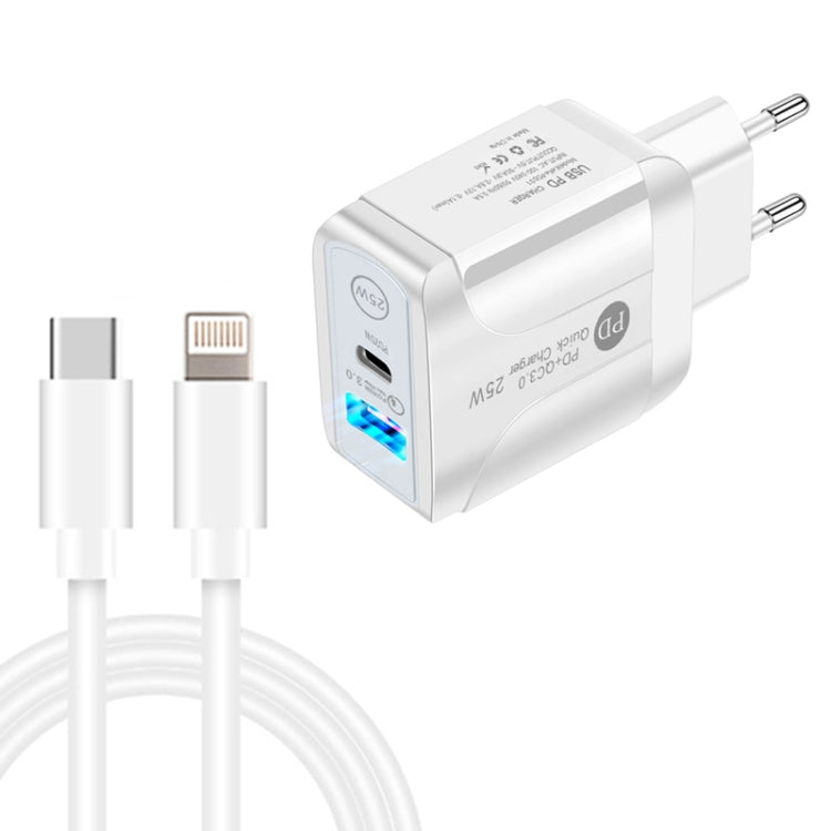 PD25W USB-C / Type-C + QC3.0 USB Dual Ports Fast Charger with USB-C to 8 Pin Data Cable, EU Plug(White) - USB Charger by PMC Jewellery | Online Shopping South Africa | PMC Jewellery