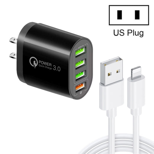 QC-04 QC3.0 + 3 x USB2.0 Multi-ports Charger with 3A USB to 8 Pin Data Cable,US Plug(Black) - USB Charger by PMC Jewellery | Online Shopping South Africa | PMC Jewellery