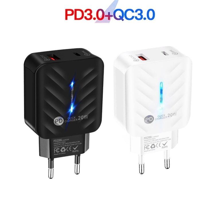 PD03 20W PD3.0 + QC3.0 USB Charger with USB to 8 Pin Data Cable, EU Plug(Black) - USB Charger by PMC TechLife | Online Shopping South Africa | PMC TechLife | Buy Now Pay Later Mobicred