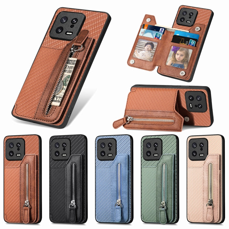 For Xiaomi 13 Carbon Fiber Flip Zipper Wallet Phone Case(Khaki) - free shipping - PMC TechLife - Order now!