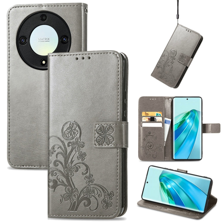 For Honor Magic5 Lite Four-leaf Clasp Embossed Buckle Leather Phone Case(Gray) - Honor Cases by PMC Jewellery | Online Shopping South Africa | PMC Jewellery