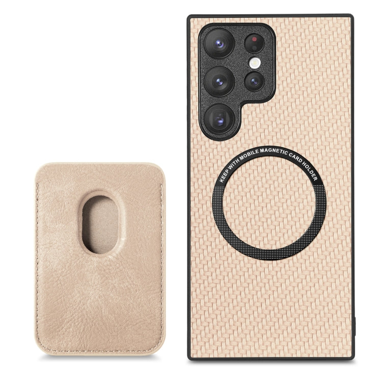 For Samsung Galaxy S22 Ultra 5G Carbon Fiber Leather Card Magsafe Magnetic Phone Case(Khaki) - Galaxy S22 Ultra 5G Cases by PMC Jewellery | Online Shopping South Africa | PMC Jewellery