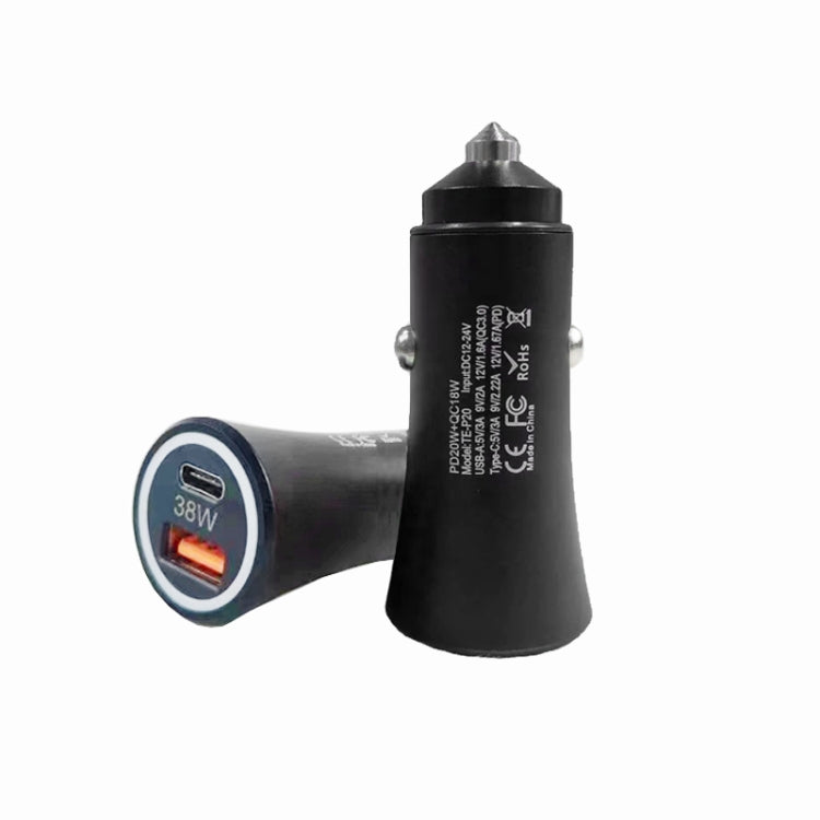 P20 38W PD3.0 20W + QC3.0 USB Safety Hammer Car Charger(Black) - Car Charger by PMC Jewellery | Online Shopping South Africa | PMC Jewellery