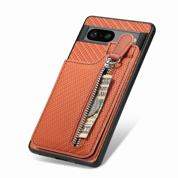 For Google Pixel 7A Carbon Fiber Vertical Flip Zipper Phone Case(Brown) - Google Cases by PMC Jewellery | Online Shopping South Africa | PMC Jewellery