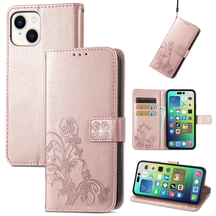 For iPhone 15 Four-leaf Clasp Embossed Buckle Leather Phone Case(Rose Gold) - iPhone 15 Cases by PMC TechLife | Online Shopping South Africa | PMC TechLife