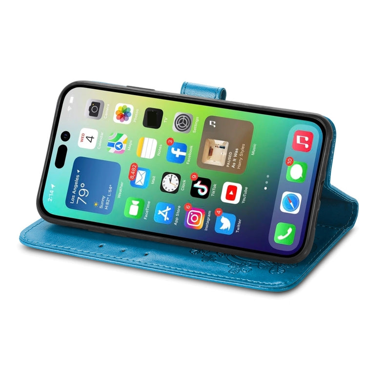 For iPhone 15 Plus Four-leaf Clasp Embossed Buckle Leather Phone Case(Blue) - iPhone 15 Plus Cases by PMC TechLife | Online Shopping South Africa | PMC TechLife